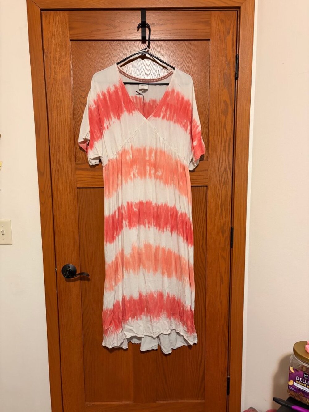 Knox Rose Coral White Tie Dye V-Neck Midi Dress Short Sleeve XL